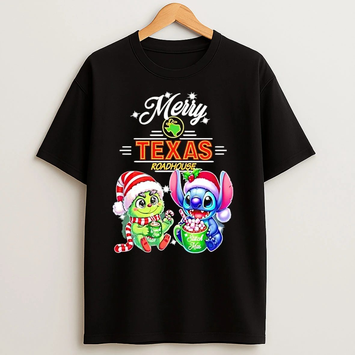 Baby Grinch And Stitch X Texas Roadhouse Merry Christmas T Shirts