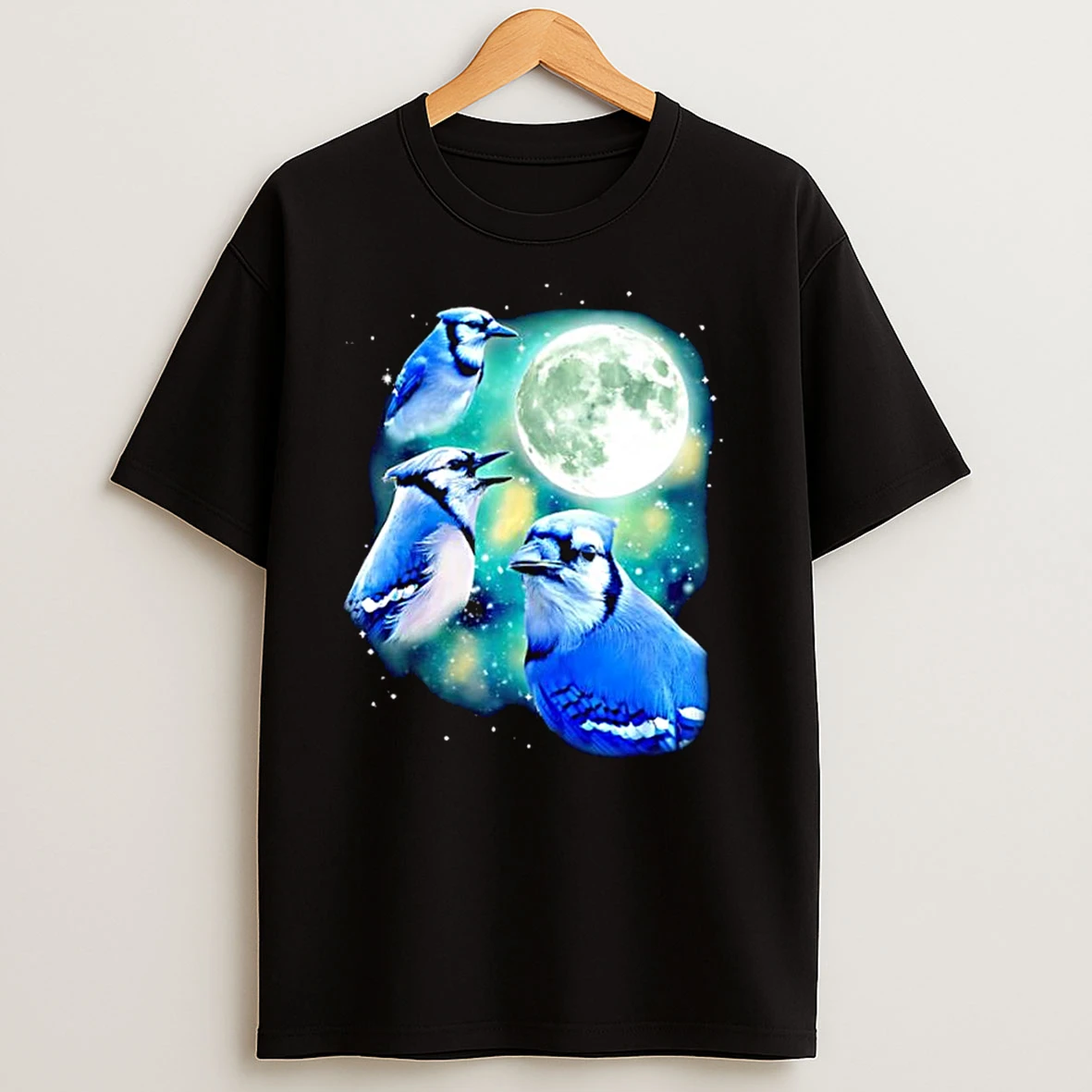 Birdwatching Three Blue Jay Moon Avian Wildlife Graphic T Shirts