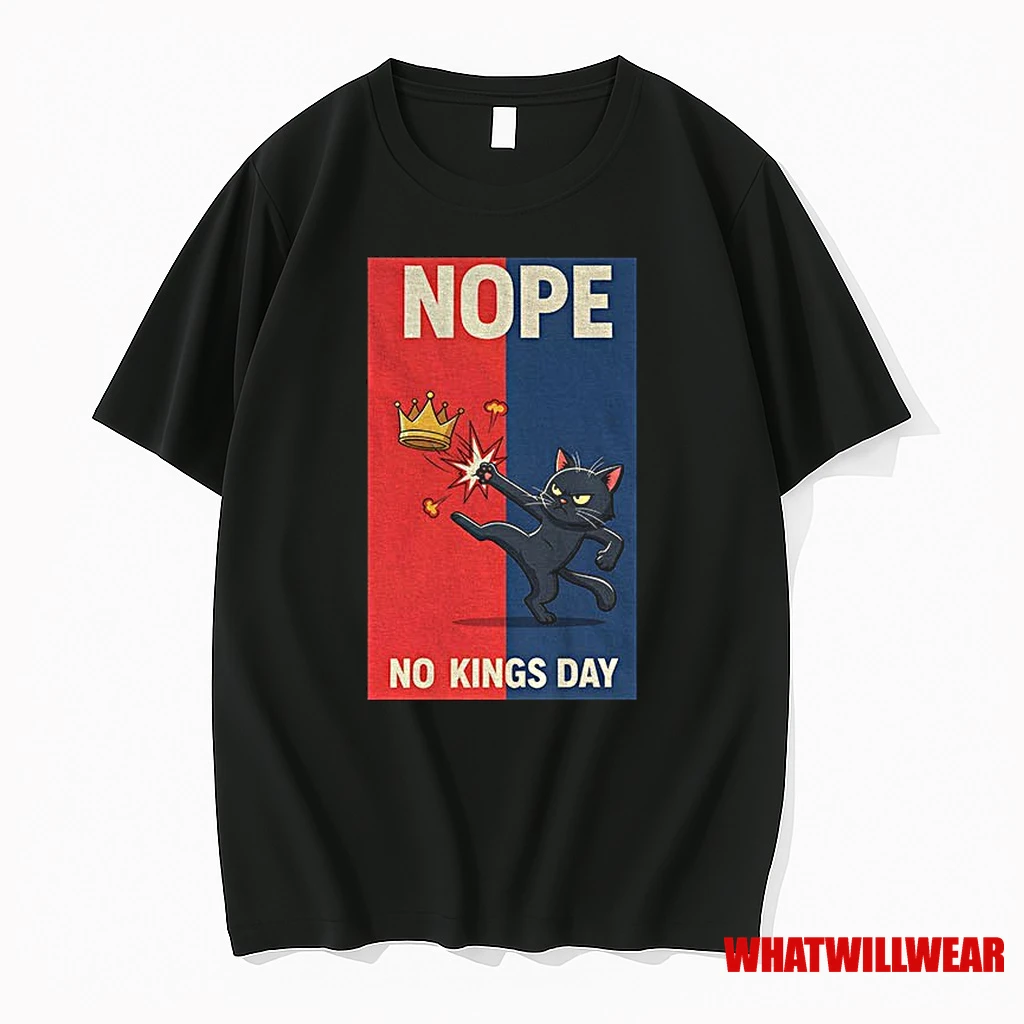 Black Cat Kicks Crown Nope No Kings Day Anti Trump Political Shirts
