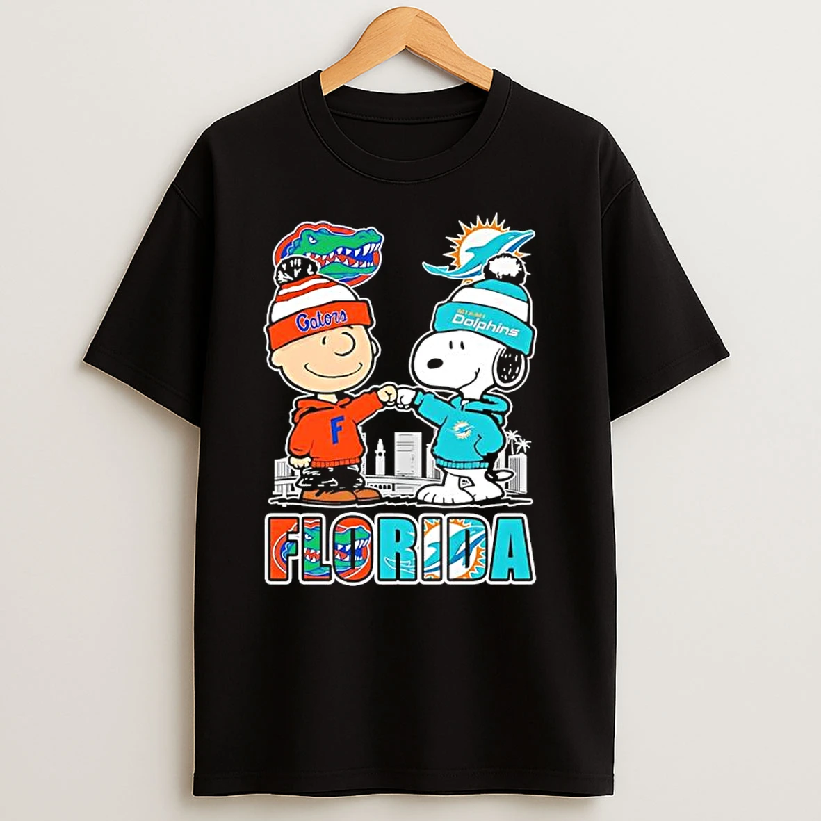 Charlie Brown And Snoopy Florida Gators And Miami Dolphins Skyline T Shirts