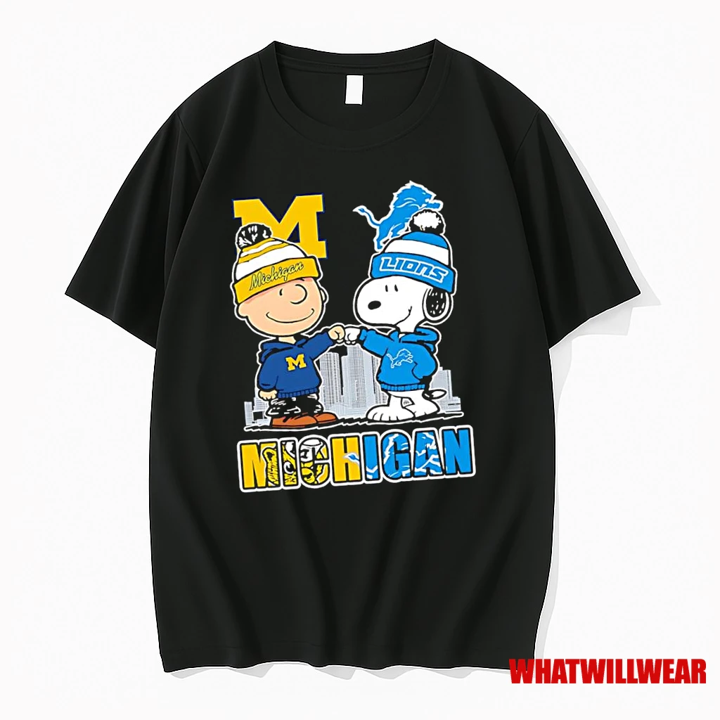 Charlie Brown And Snoopy Wearing Michigan Wolverines And Detroit Lions Logo Shirts