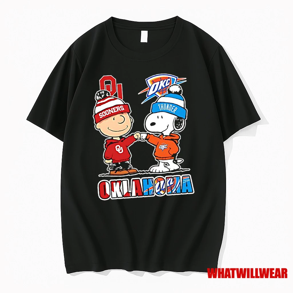 Charlie Brown And Snoopy Wearing Oklahoma Sooners And Oklahoma City Thunder Logo Shirts