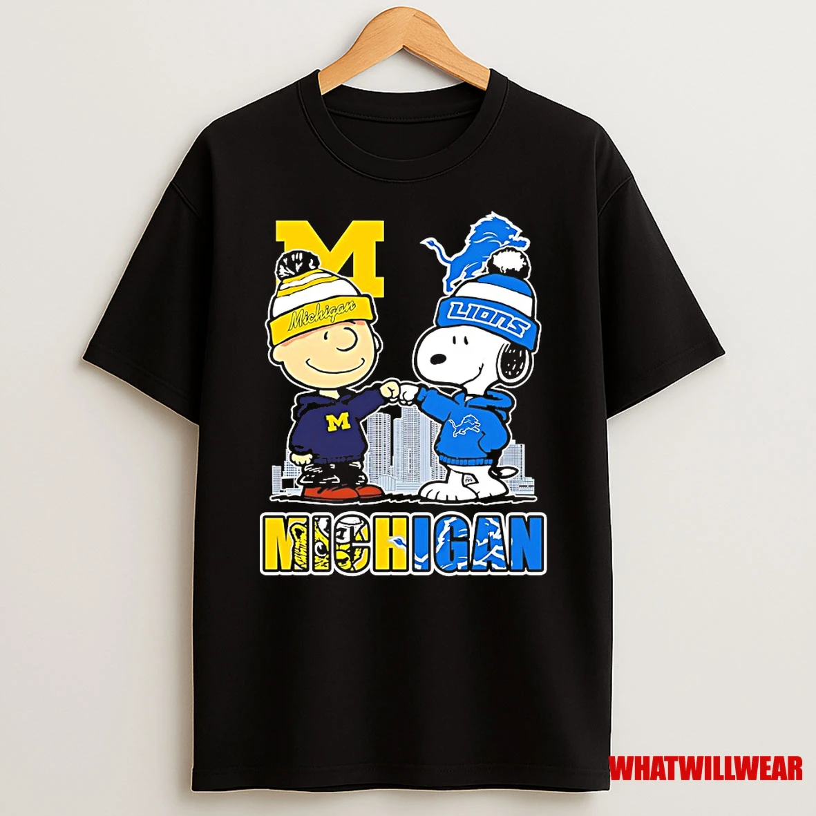 Charlie Brown Fist Bump Snoopy Michigan Wolverines Detroit Lions Skyline City Shirts
