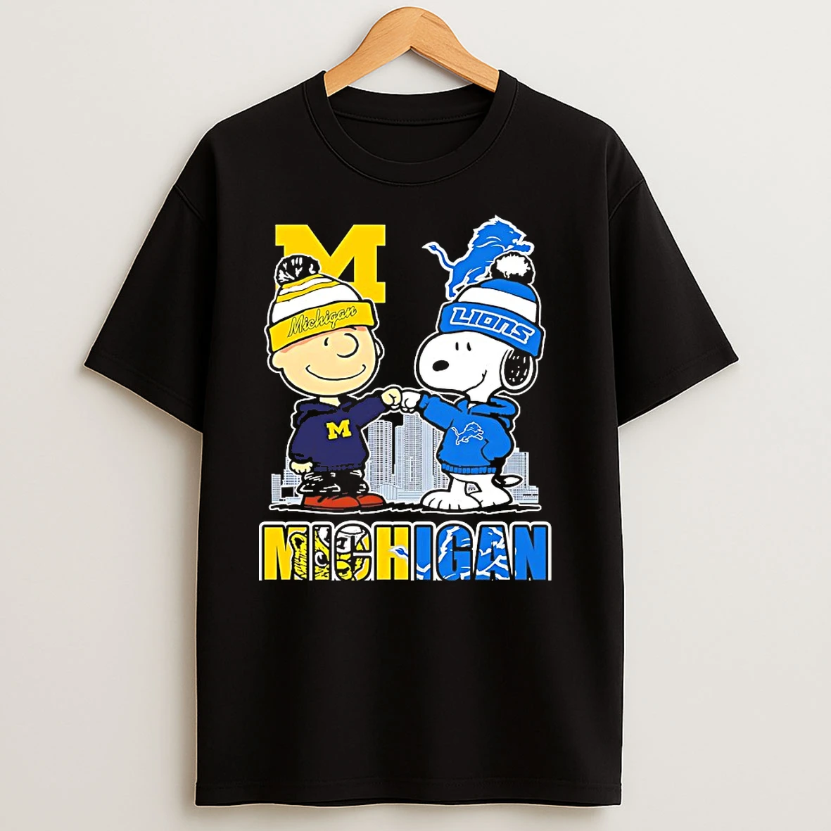 Charlie Brown Fist Bump Snoopy Michigan Wolverines Detroit Lions Skyline City T Shirts