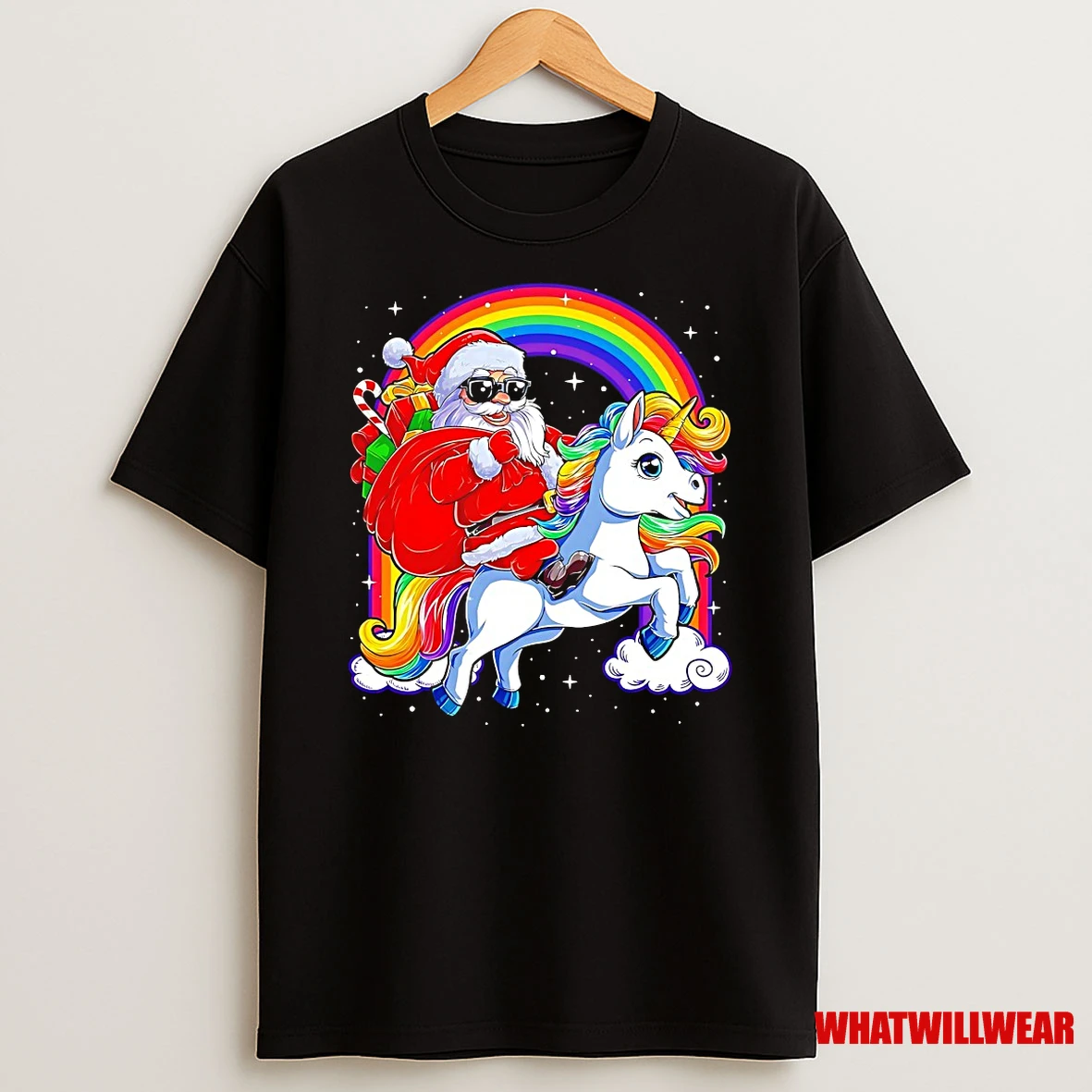 Christmas Santa Claus Riding Rainbow Unicorn Shirts