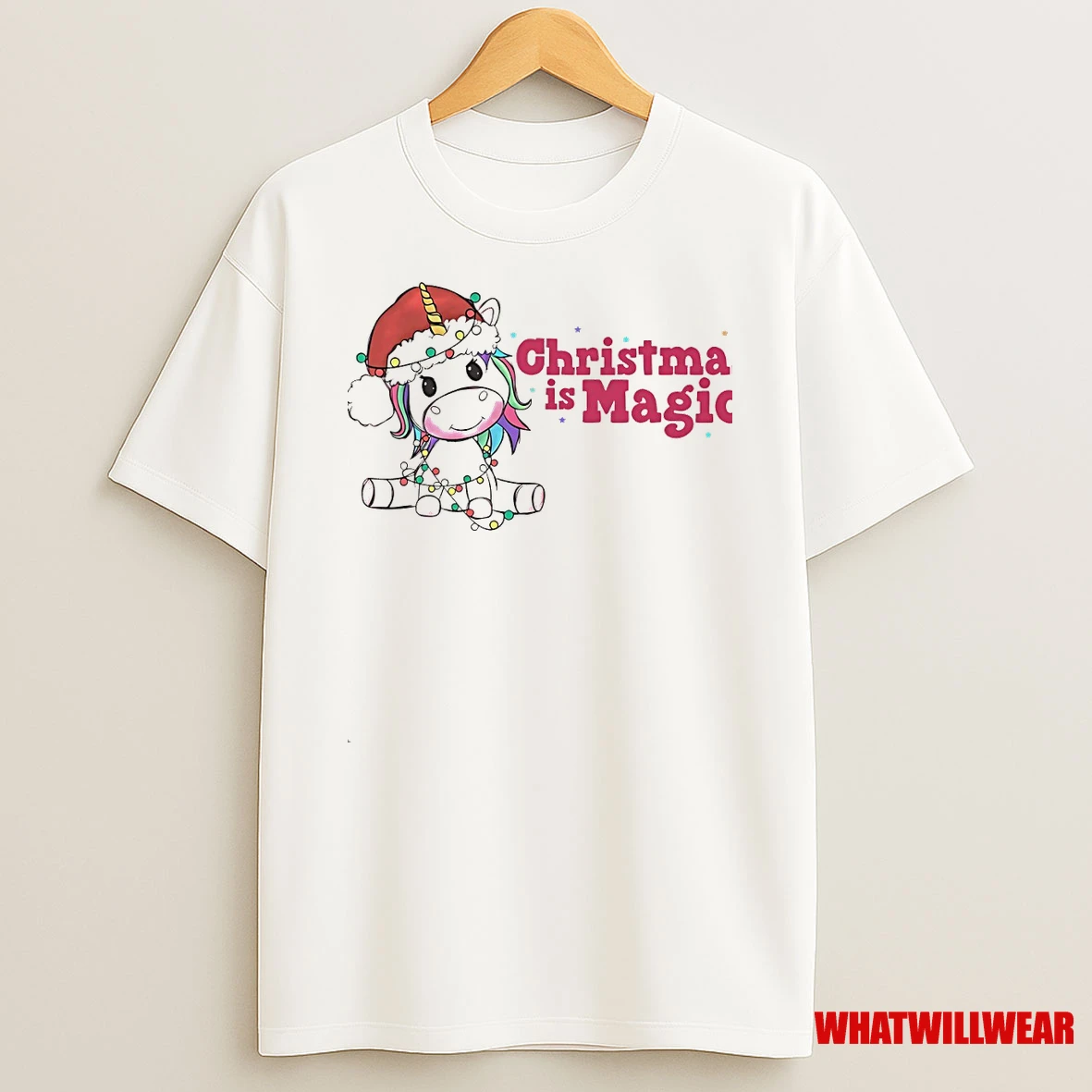 Christmas Is Magic Unicorn Lights Pink Holiday Shirts