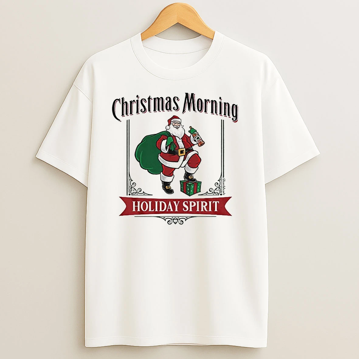 Christmas Morning Holiday Spirit Label Santa Claus T Shirts