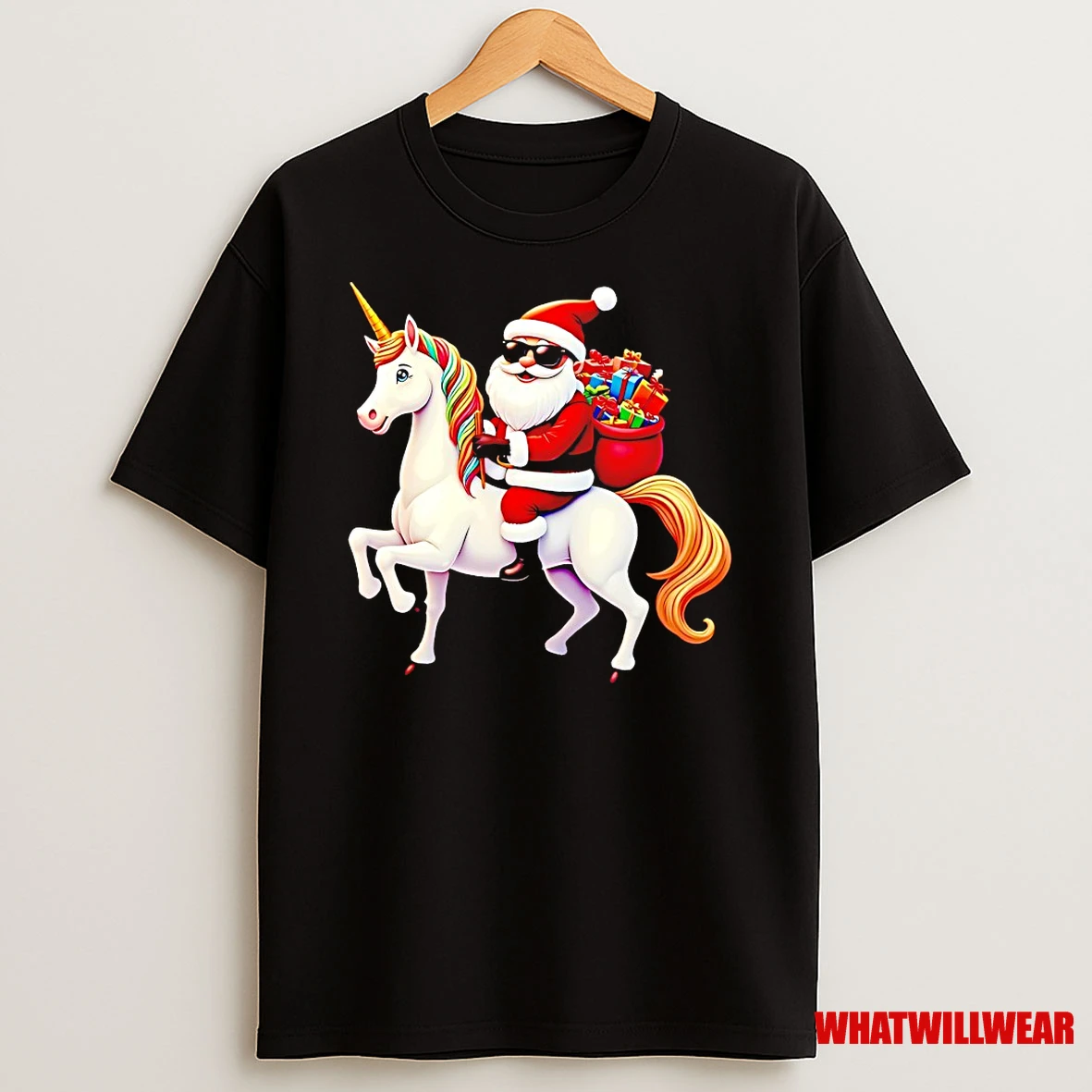 Cool Santa Riding Unicorn With Gifts Rainbow Christmas Shirts