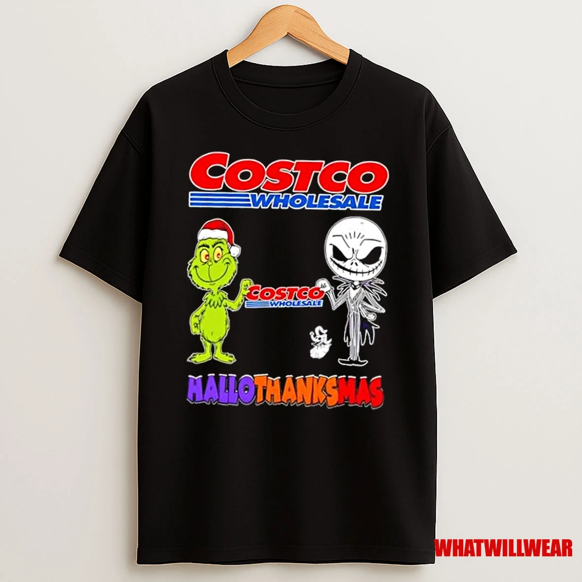 Costco Wholesale X Grinch And Jack Skellington Friends Fist Bump Happy Hallothanksmas Shirts