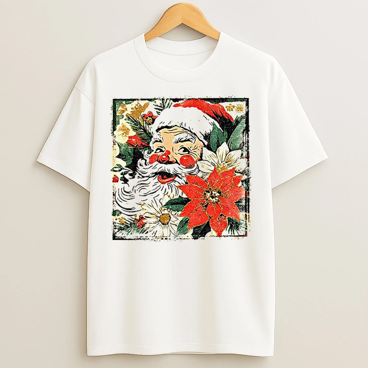 Cute Santa Claus Preppy Brushstroke Floral Santa Face Christmas T Shirts