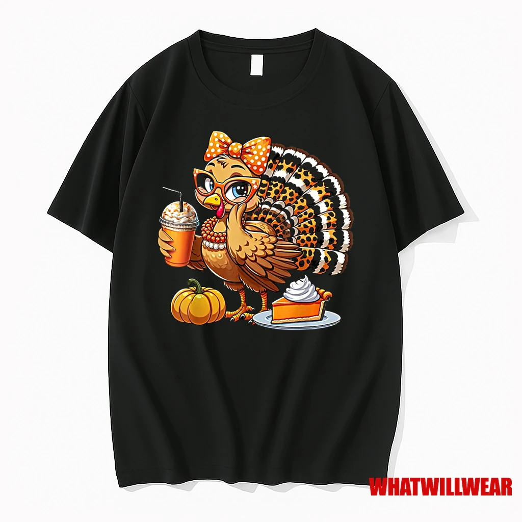 Cute Turkey Drinking Coffee Thanksgiving Womens Turkey Day Shirts