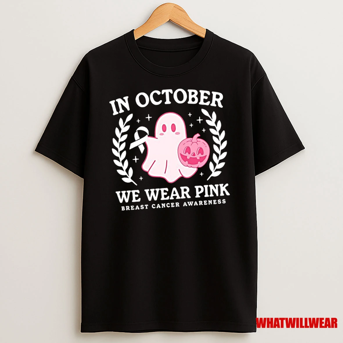 Cute Ghost And Pumpkin In October We Wear Pink Breast Cancer Awareness Halloween Shirts