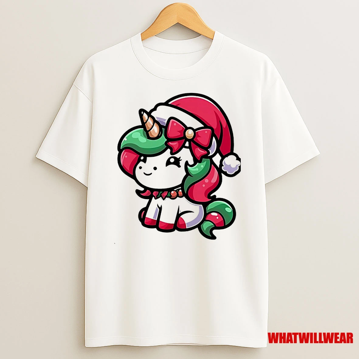 Cute Santa Unicorn Red Bow Christmas Shirts