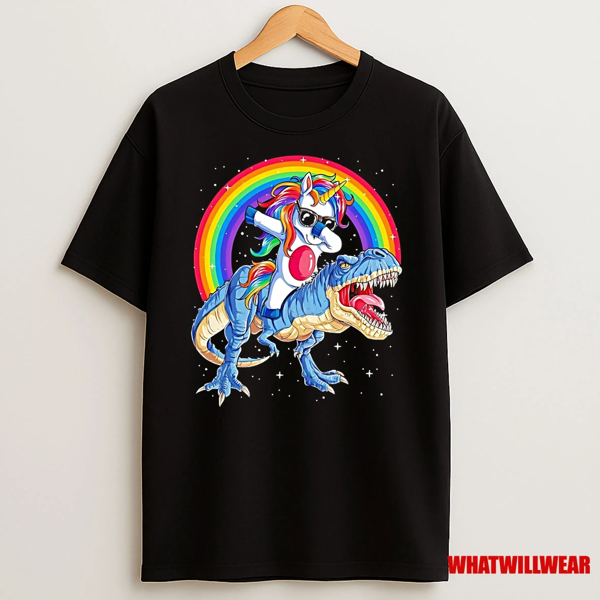 Dabbing Unicorn Riding T Rex Under Rainbow Christmas Shirts