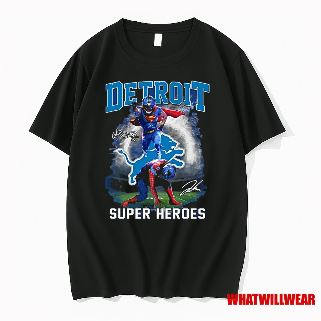 Detroit Lions Jahmyr Gibbs Amon Ra St Brown Superman And Spider Man 2025 Shirts