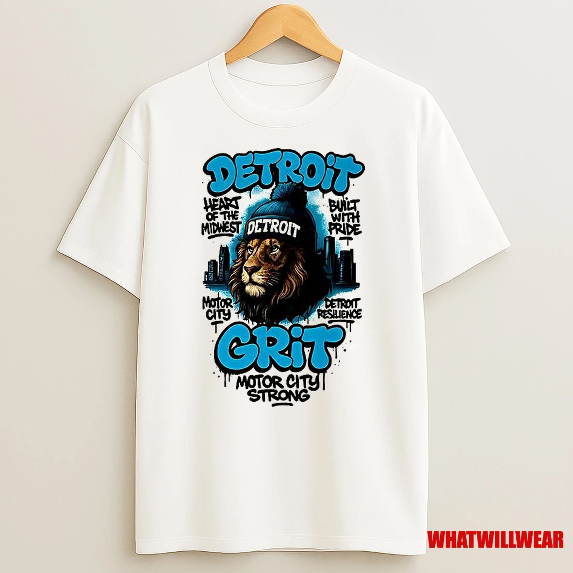 Detroit Lions Football Detroit Grit Motor City Strong Mascot Skyline Shirts