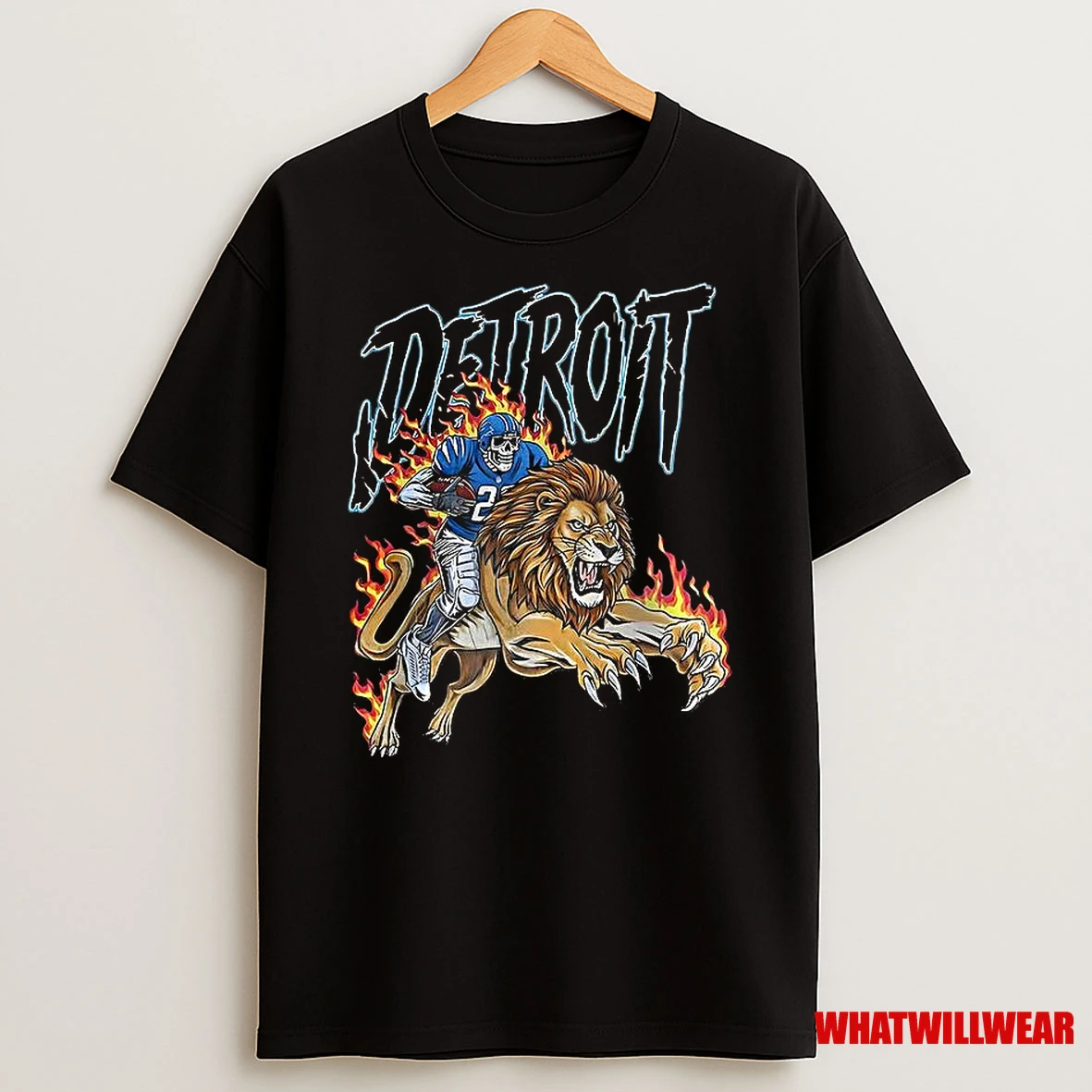 Detroit Lions Football Skeleton Riding A Burning Lion Shirts