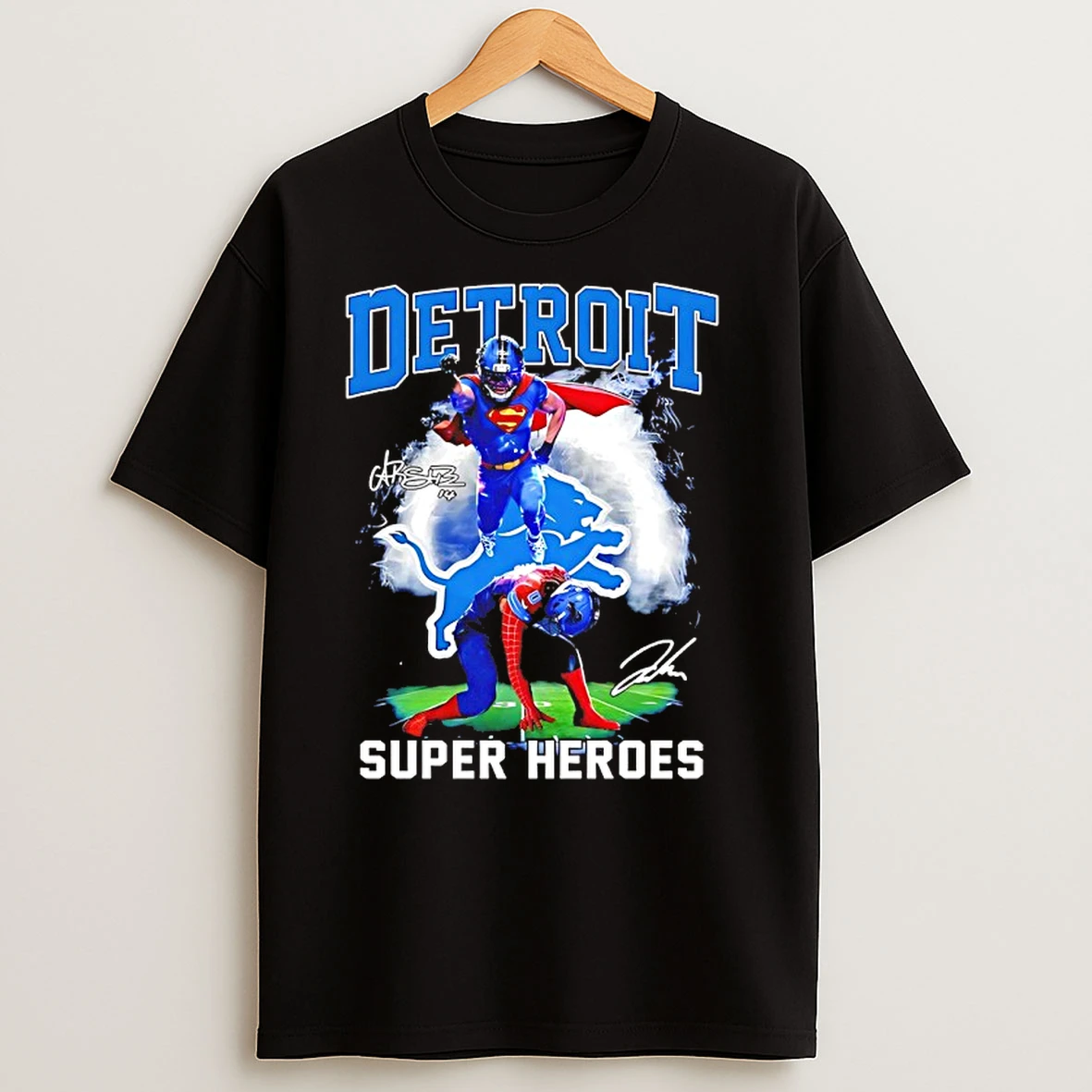 Detroit Super Heroes Amon Ra St Brown And Jahmyr Gibbs Autographed T Shirts