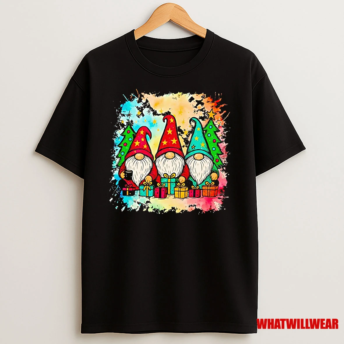 Gnomes With Presents And Trees Watercolor Splash Christmas Shirts