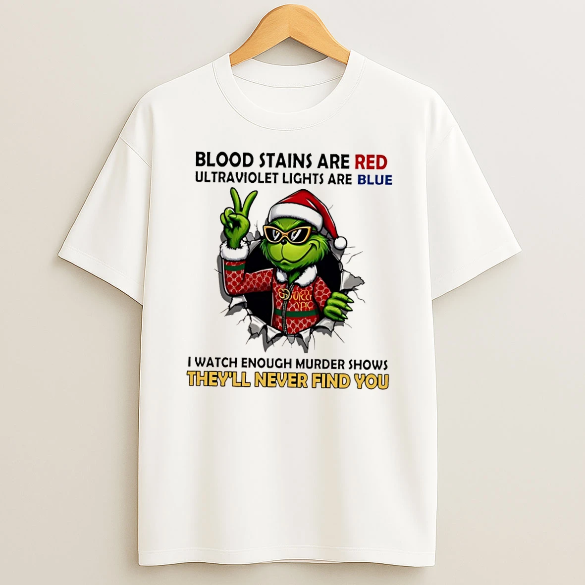 Grinch Christmas Blood Stains Are Red Ultraviolet Lights Are Blue I Watch Enough Murder Shows Shirts