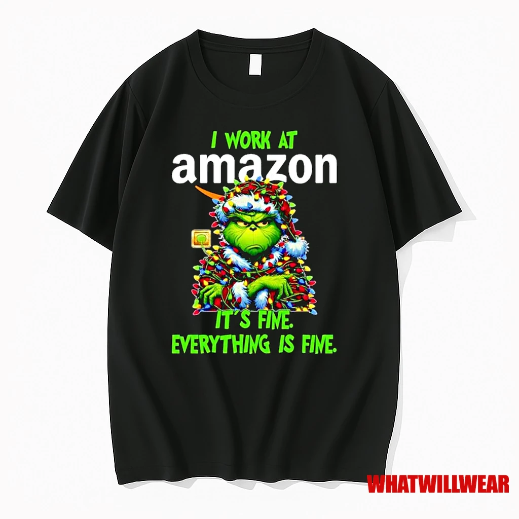 Grinch Santa I Work At Amazon Its Fine Everything Is Fine Christmas Lights Ornaments Shirts