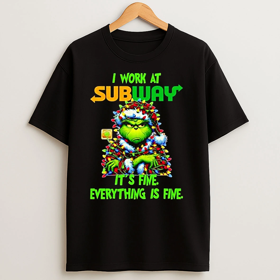 Grinch Santa I Work At Subway Its Fine Everything Is Fine Christmas Lights Ornaments T Shirts
