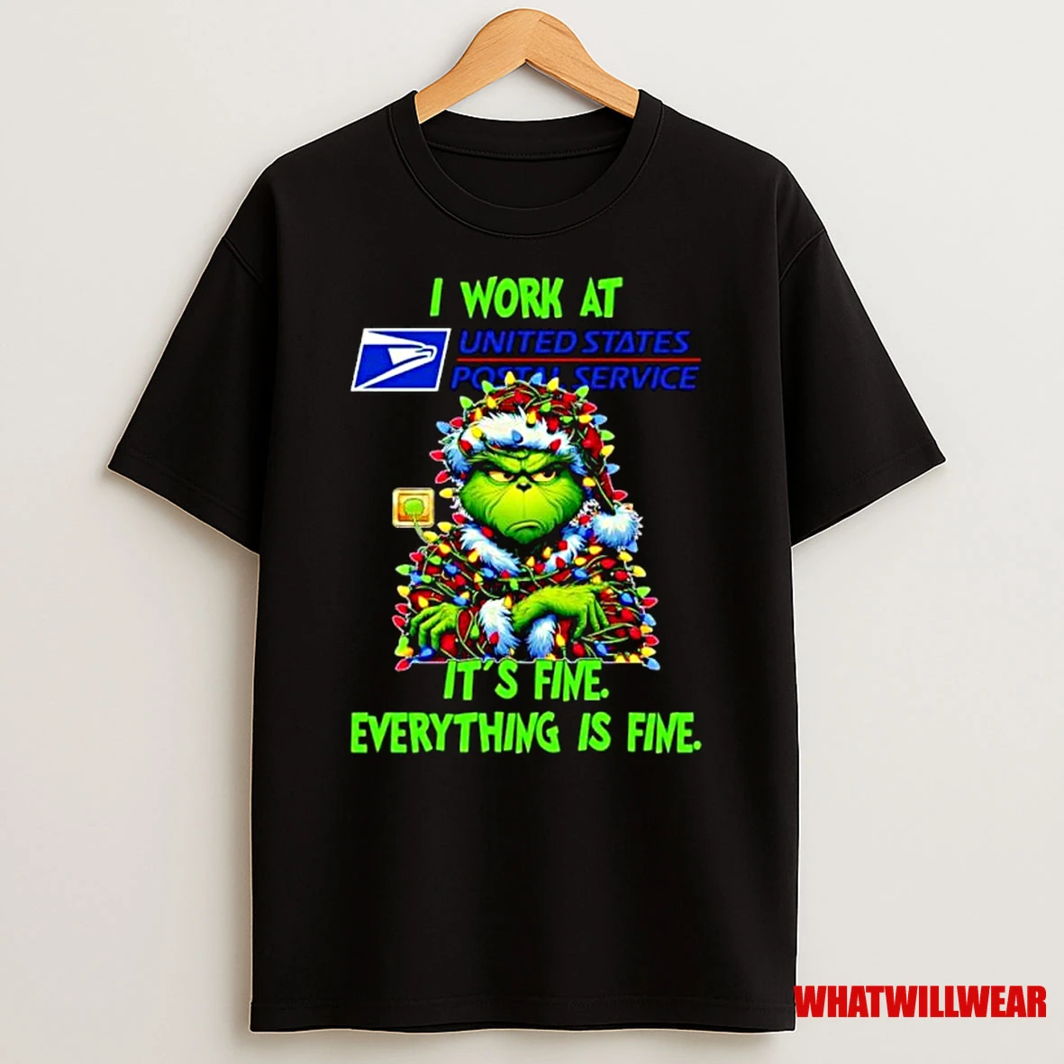Grinch Santa I Work At Usps Its Fine Everything Is Fine Christmas Lights Ornaments Shirts
