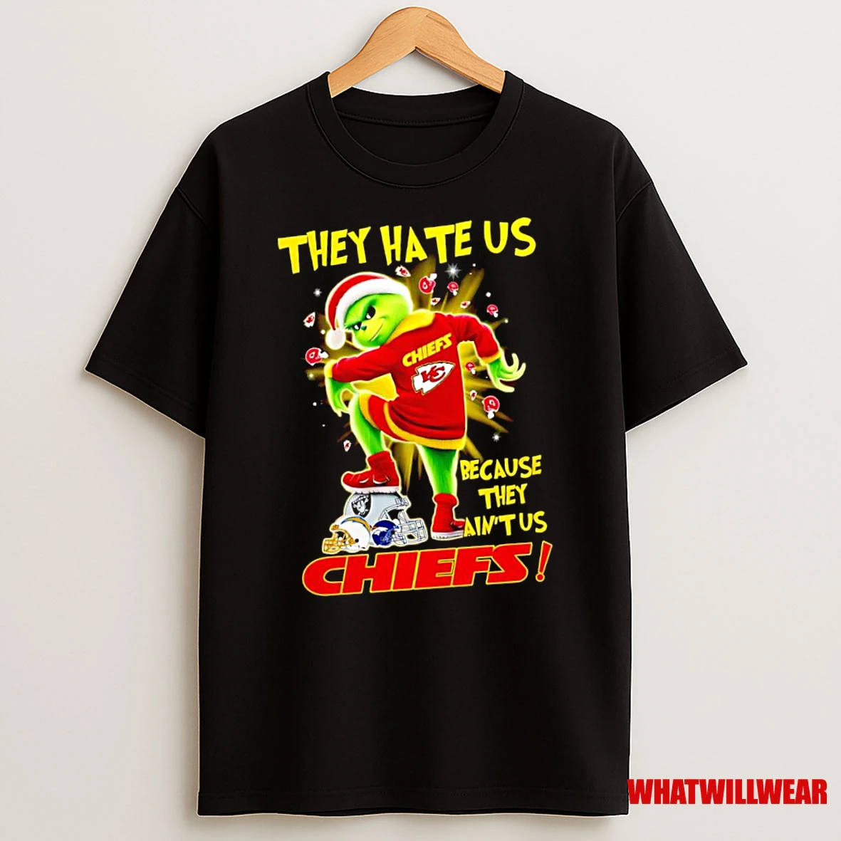 Grinch Santa They Hate Us Because They Aint Us Kansas City Chiefs Raiders La Rams Denver Broncos Helmets Shirts