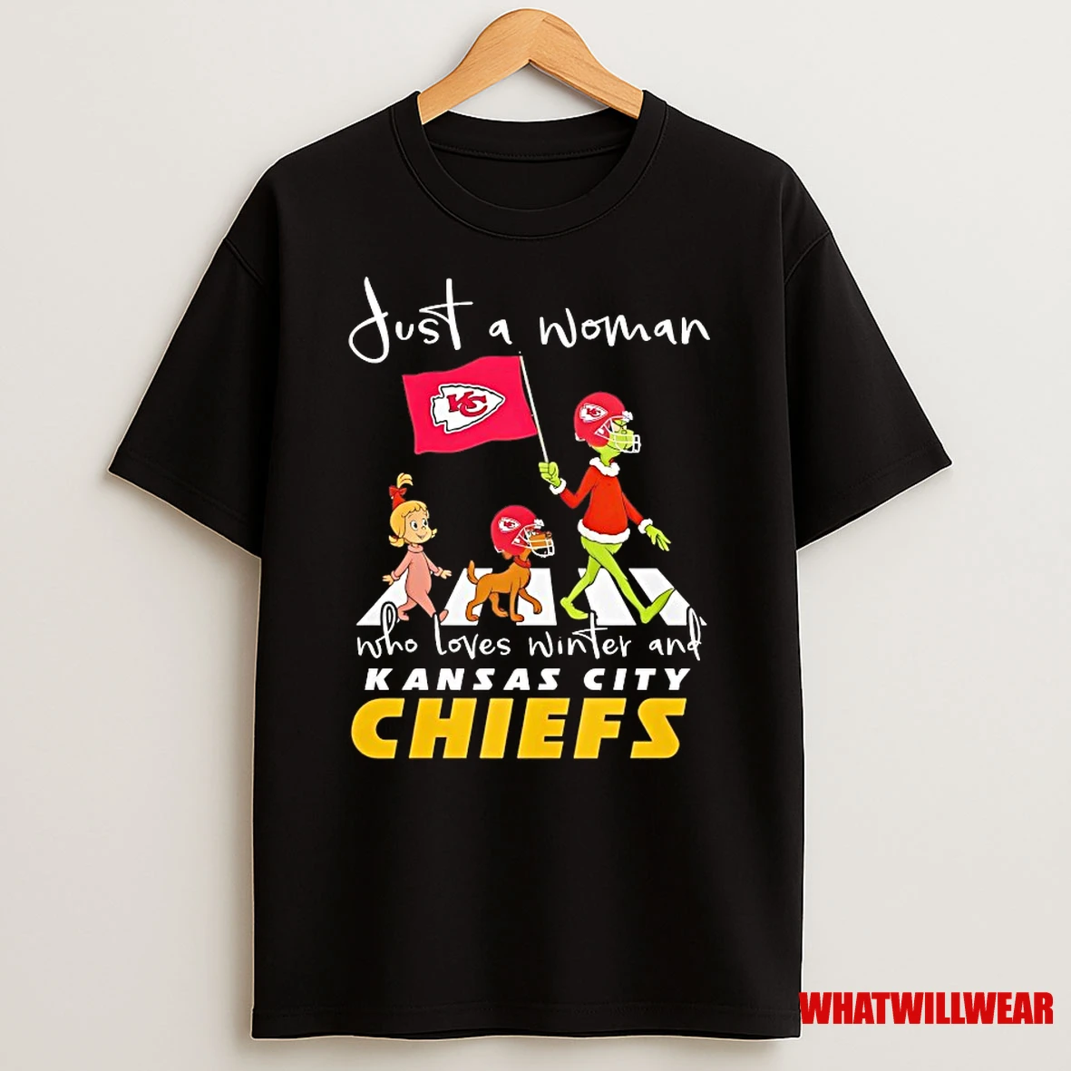 Grinch And Cindy Lou Who Abbey Road Just A Woman Who Loves Winter And Kansas City Chiefs Shirts