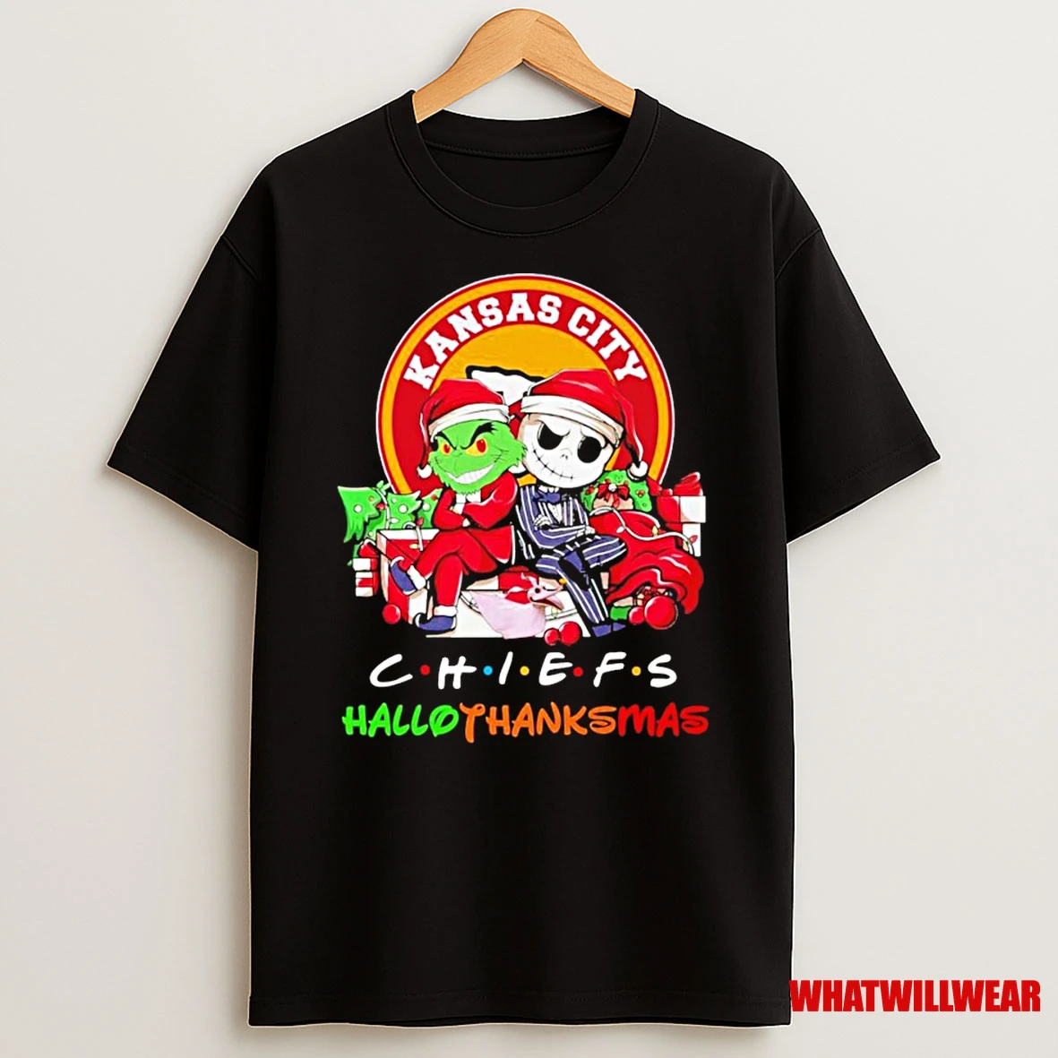 Grinch And Jack Skellington Kansas City Chiefs Hallothanksmas Shirts