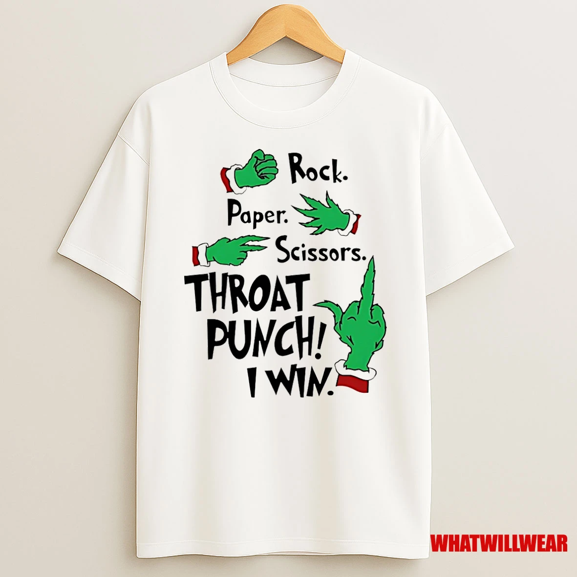 Grinch Hand Rock Paper Scissors Throat Punch I Win Shirts