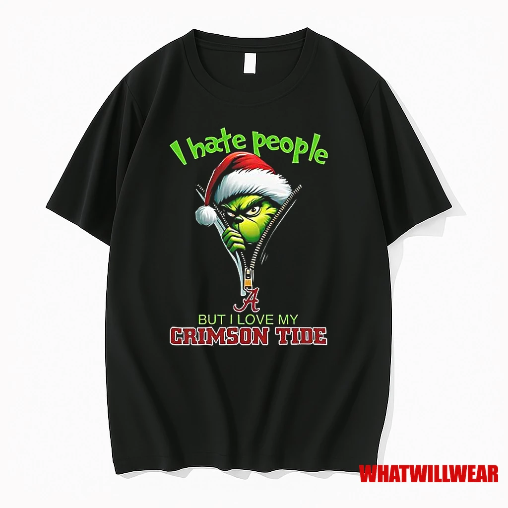 Grinch Santa Hat I Hate People But I Love My Alabama Crimson Tide Christmas Logo Clothing Shirts