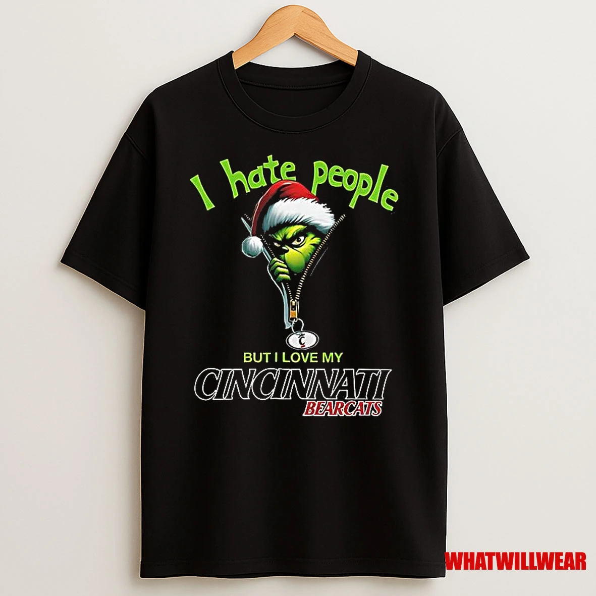 Grinch Santa Hat I Hate People But I Love My Cincinnati Bearcats Christmas Logo Clothing Shirts
