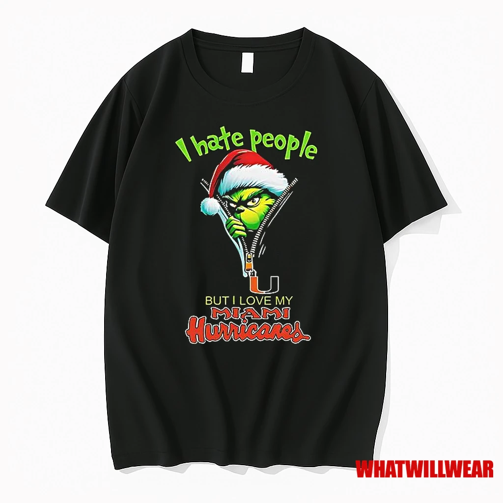Grinch Santa Hat I Hate People But I Love My Miami Hurricanes Christmas Logo Clothing Shirts