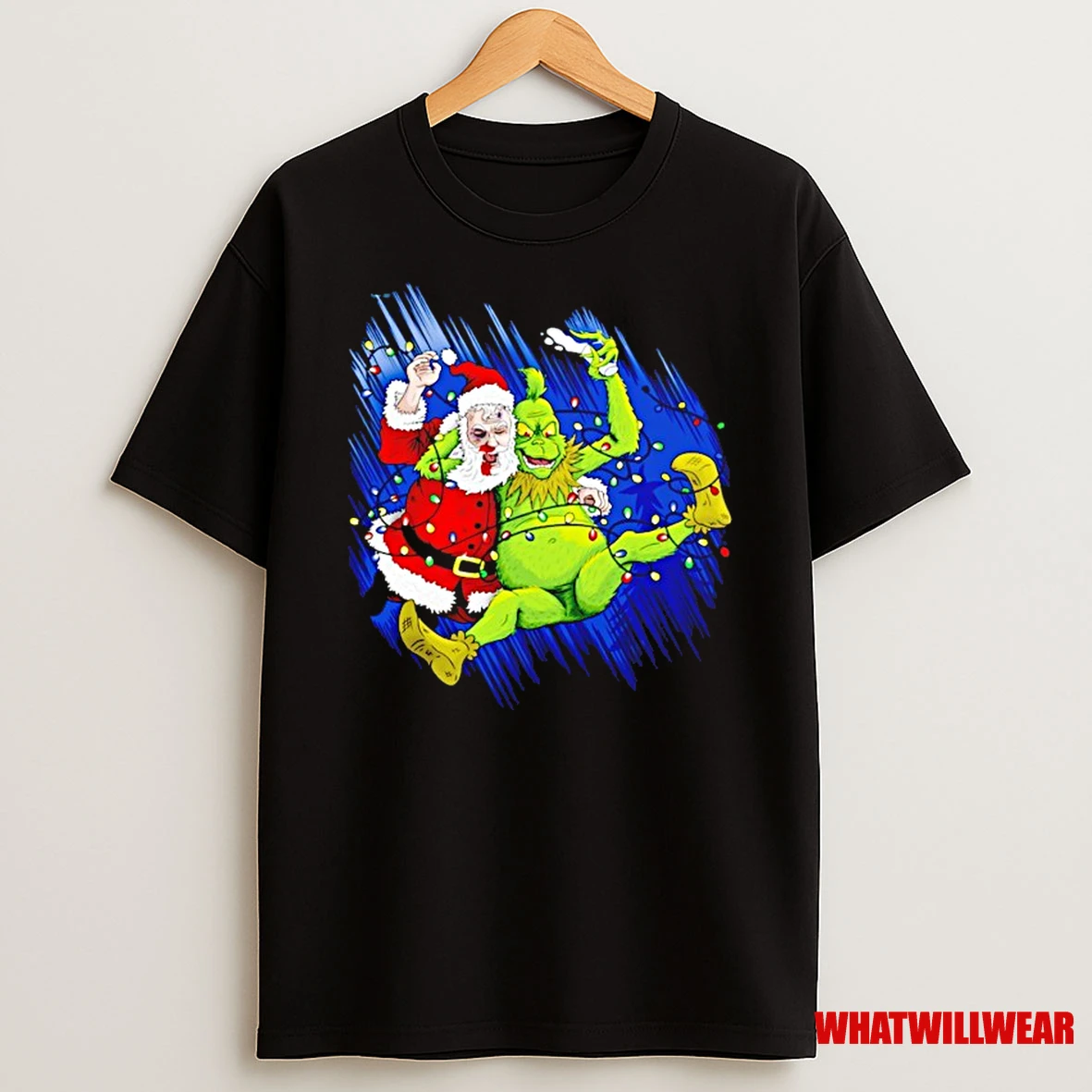 Grinch Wrestles Santa Claus 3 16 Light Christmas Shirts