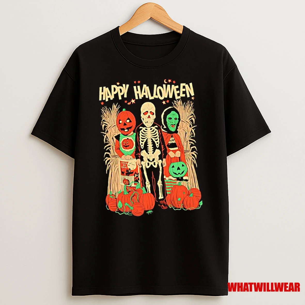 Happy Halloween Trio Skeleton Pumpkin Trick Or Treat Shirts