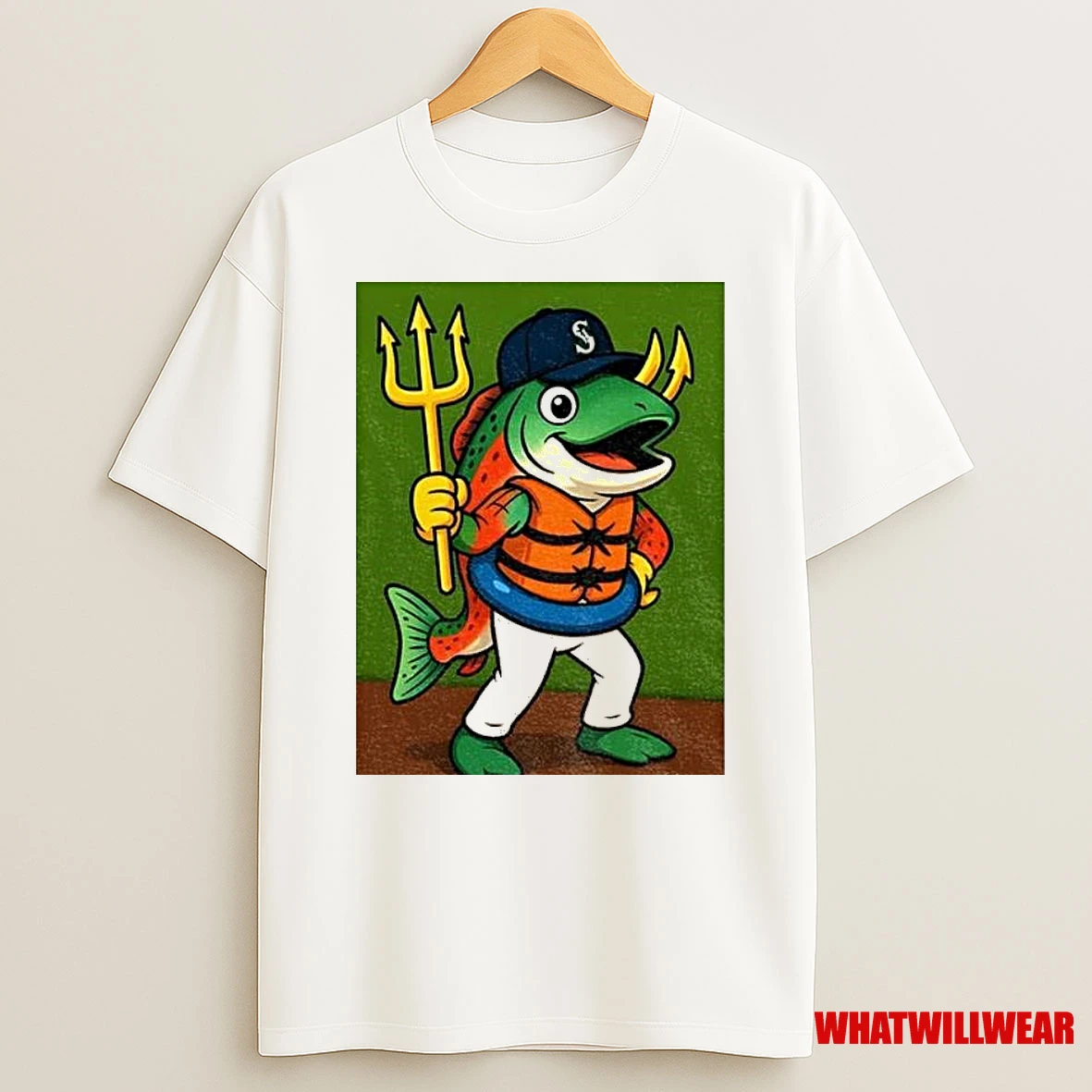 Humpy Salmon Holding Trident Seattle Mariners Mlb Mascot 2025 Shirts
