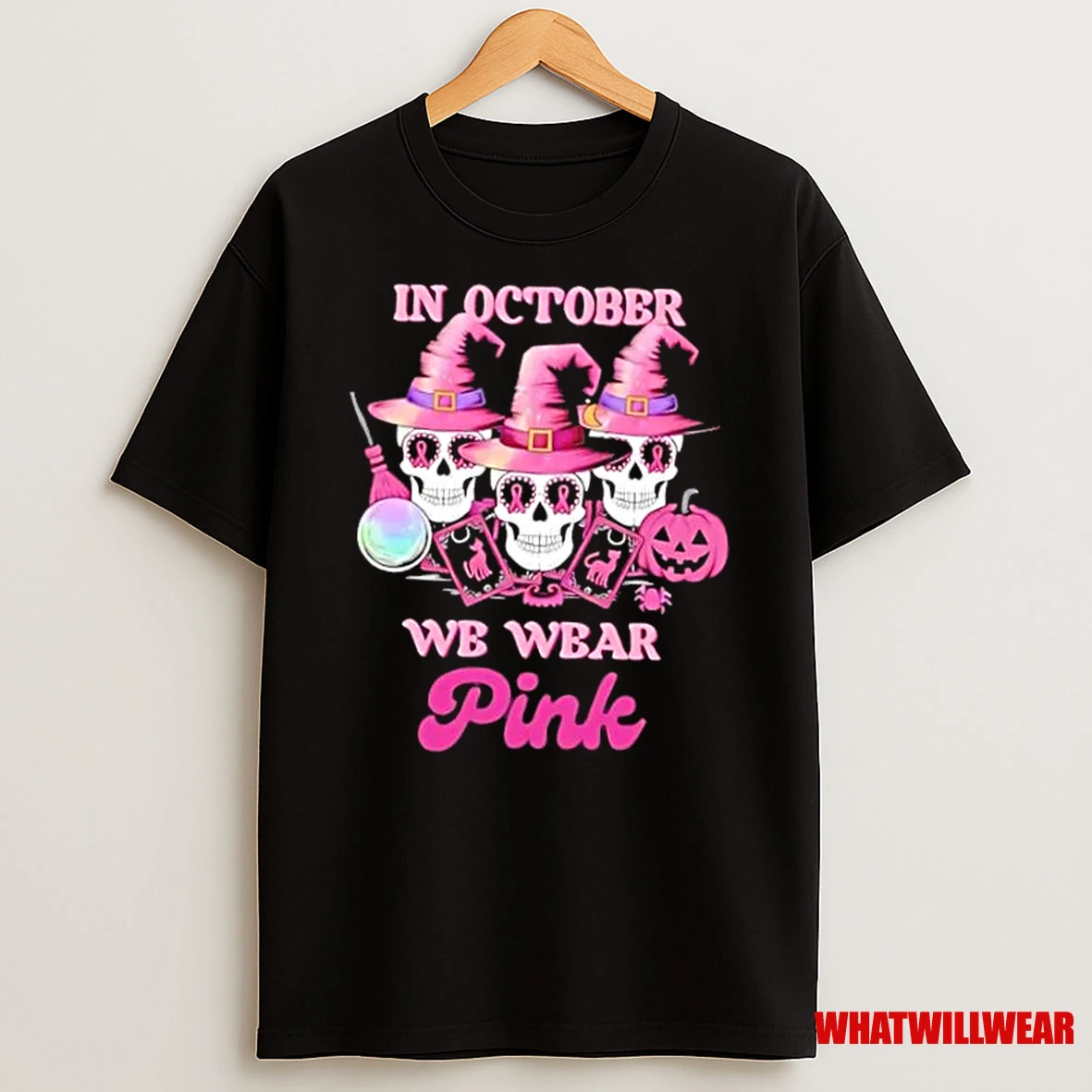 In October We Wear Pink Witches Skull Awareness Breast Cancer Halloween Shirts