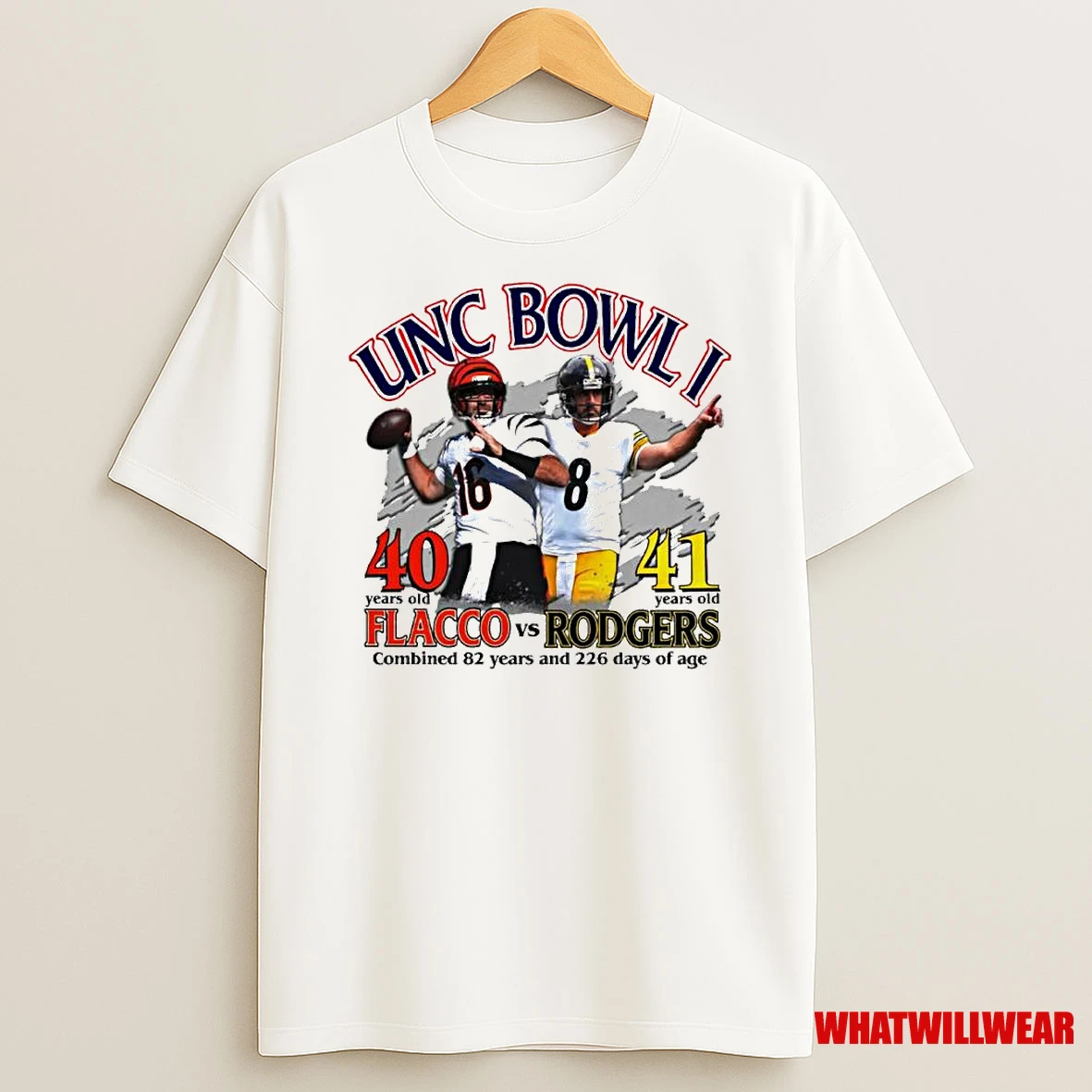 Joe Flacco Unc Bowl I 40 Years Old Flacco Vs 41 Years Old Rodgers Combined 82 Years And 226 Days Of Age Ornaments Shirts
