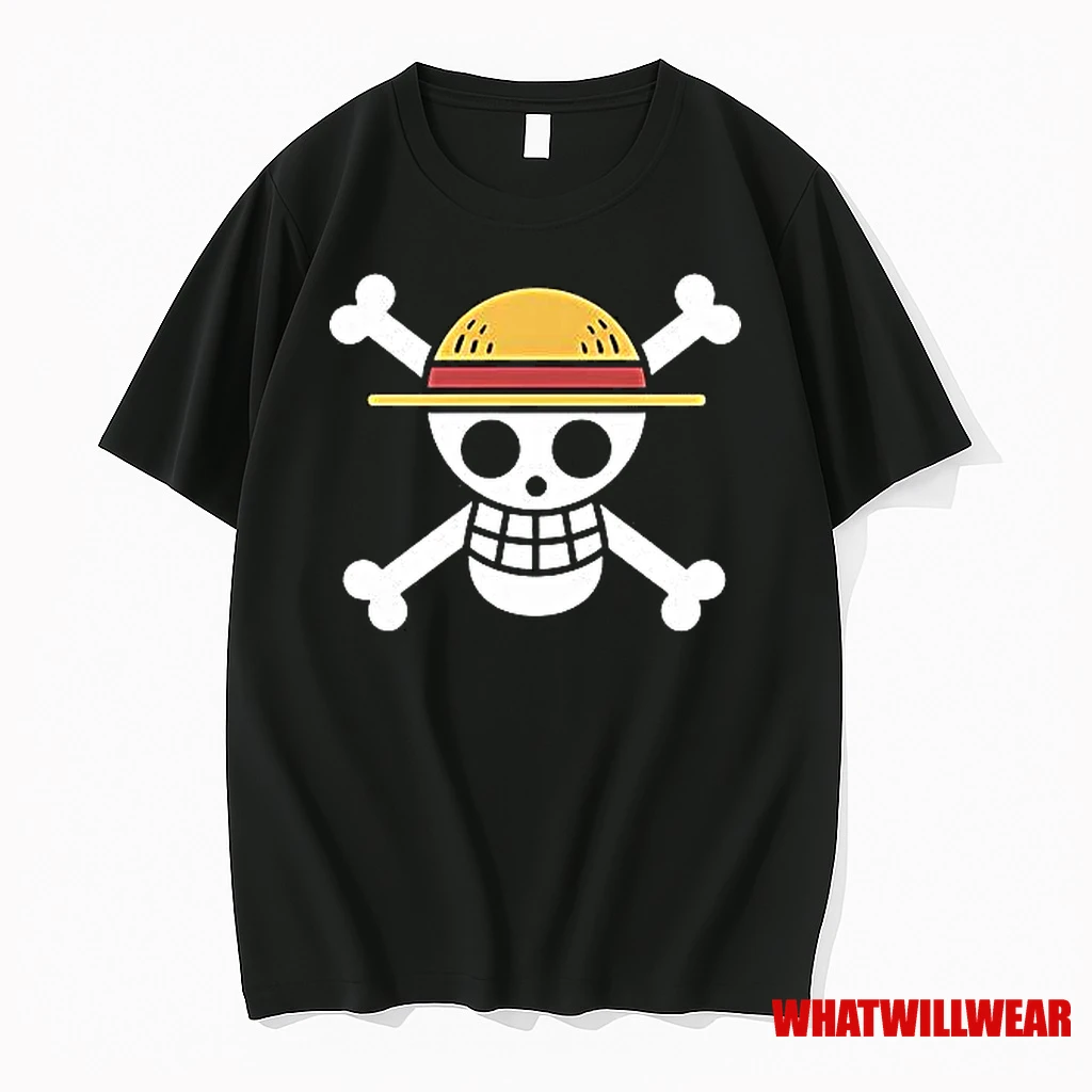 Jolly Roger Anime Skull Wearing Straw Hat Shirts