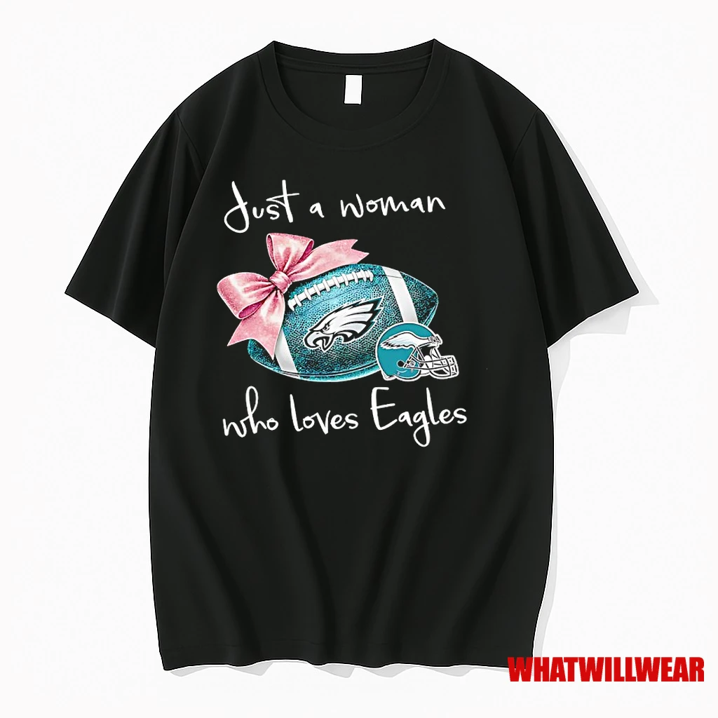 Just A Woman Who Loves Philadelphia Eagles Pink Bow Helmet Shirts