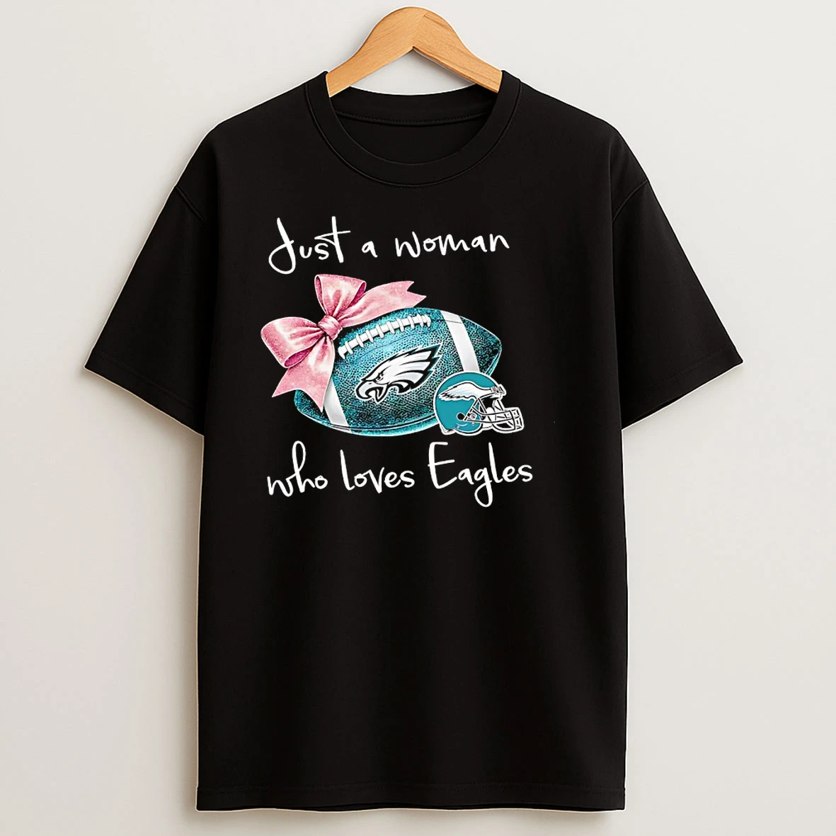 Just A Woman Who Loves Philadelphia Eagles Pink Bow Helmet T Shirts