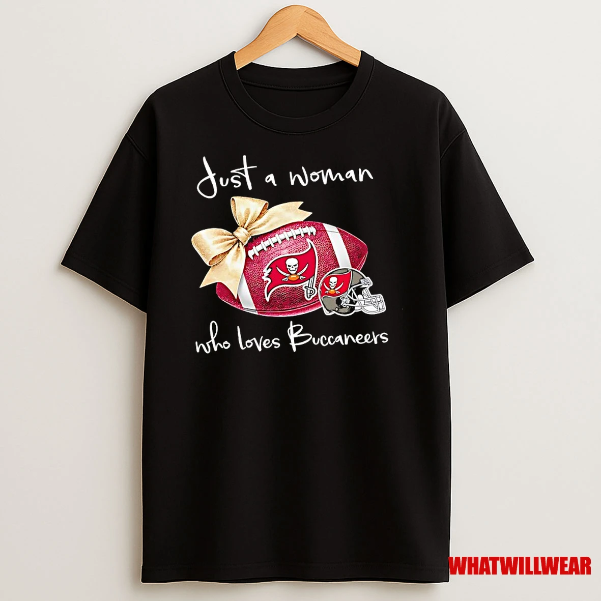 Just A Woman Who Loves Tampa Bay Buccaneers Gold Bow Helmet Shirts