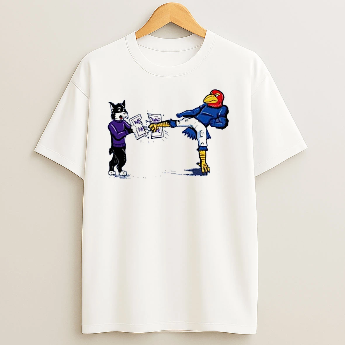 Kansas Jayhawk Mascot Kicking A We Sign Kansas State T Shirts
