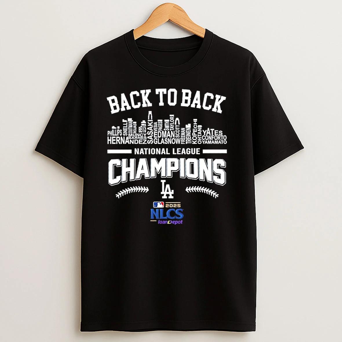 La Dodgers Back To Back 2025 Nlcs Players Names City Skyline T Shirts