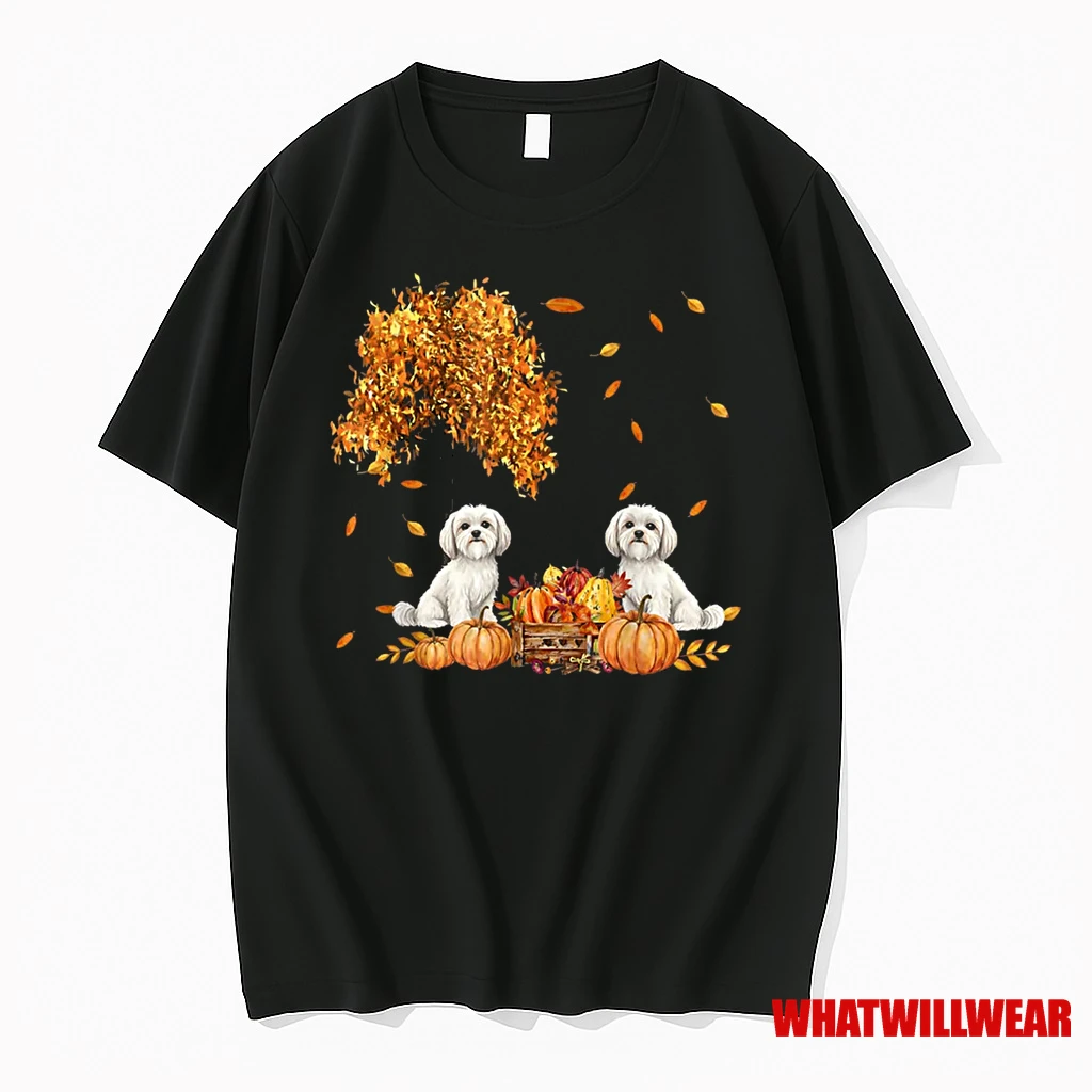 Maltese Autumn Leaf Fall Dog Lover Halloween Thanksgiving Shirts