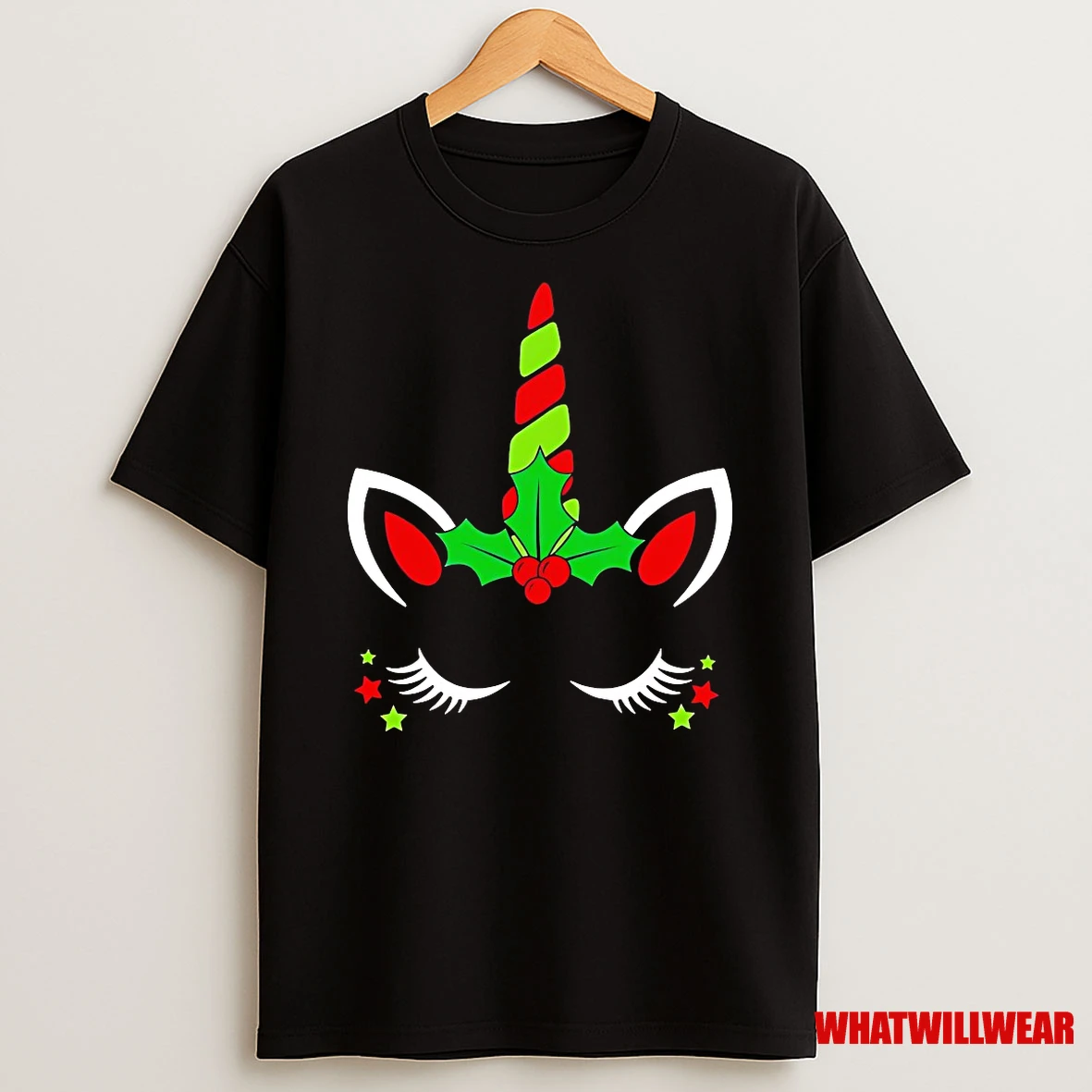 Minimalist Christmas Unicorn Horn Holly Stars Shirts