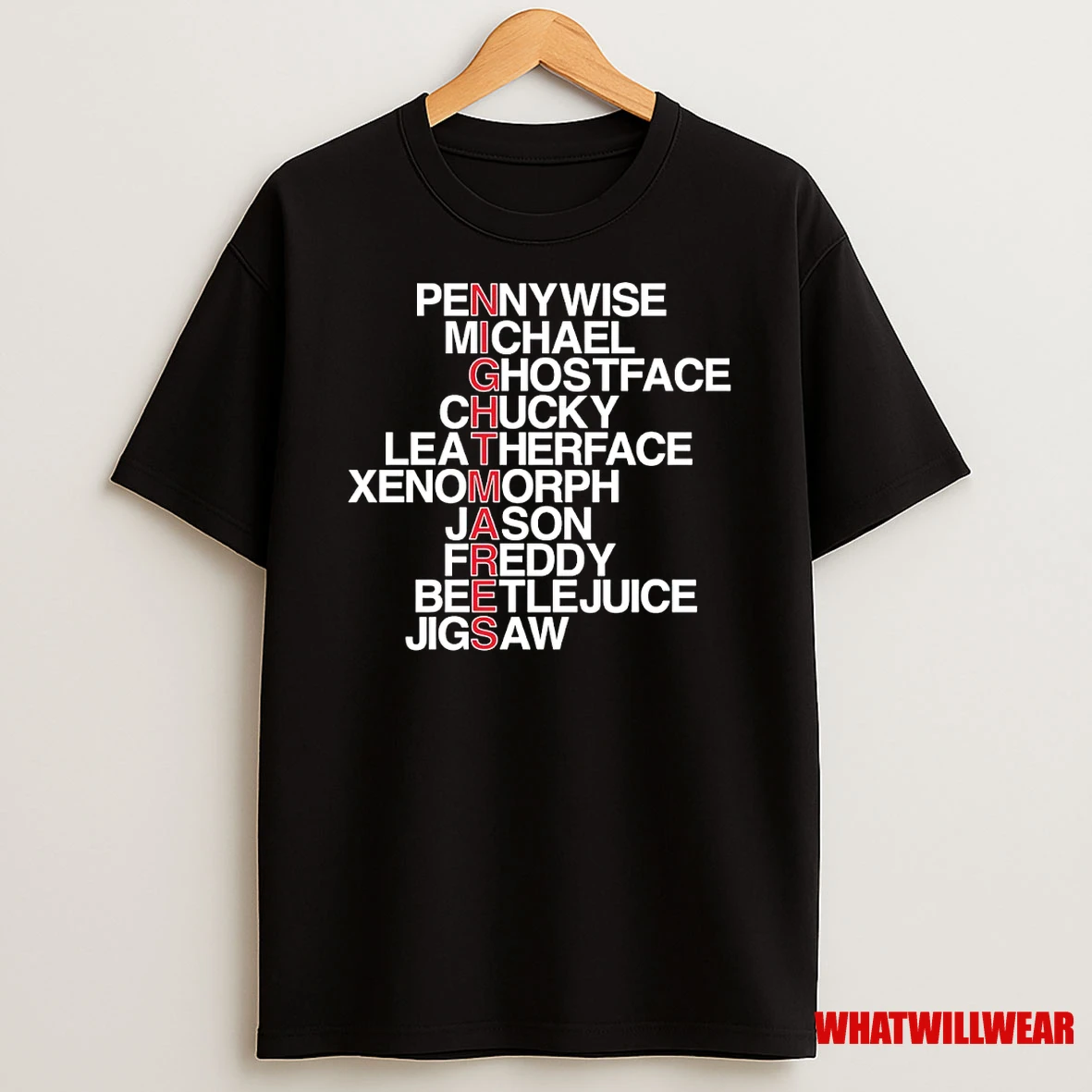 Nightmares Pennywise Michael Ghostface Chucky Leatherface Xenomorph Jason Freddy Beetlejuice Jigsaw Characters Halloween Name Shirts