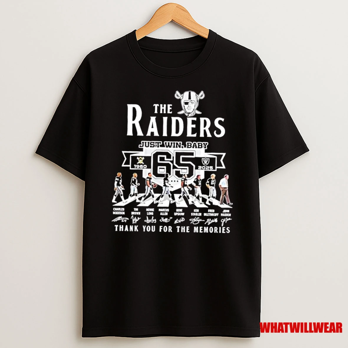 Oakland Raiders Just Win Baby 65 Years 1960 2025 John Madden And Players Abbey Road Signatures Shirts