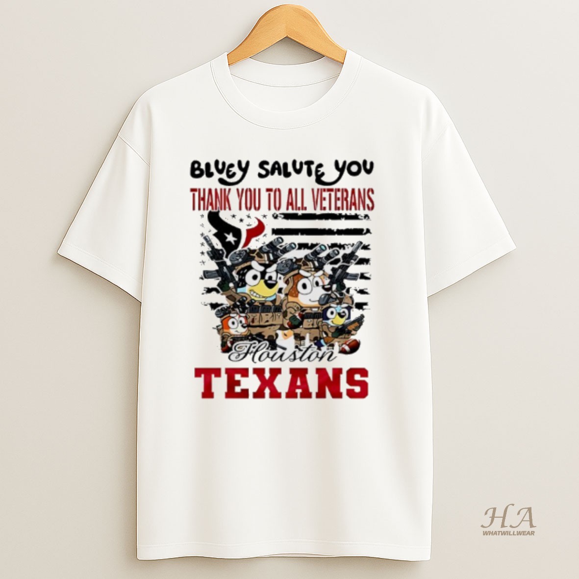 Official Houston Texans Bluey Salute You Thank You To All Veterans Shirt